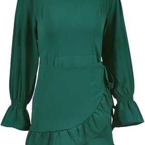 Womens Long Sleeve Round Neck Ruffles Wrap Dress